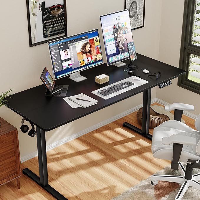 Shahoo 55 Inch Standing Desk, Electric Height Adjustable Computer Desks with Hook and Cable Hole, Black