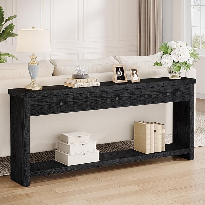 Tribesigns 70.9 inch Sofa Console Table with 3 Drawers, Extra Long Entryway Table with Open Storage Shelves Wooden Couch Table Foyer Tables Furniture for Living Room Hallway Entrance, Black