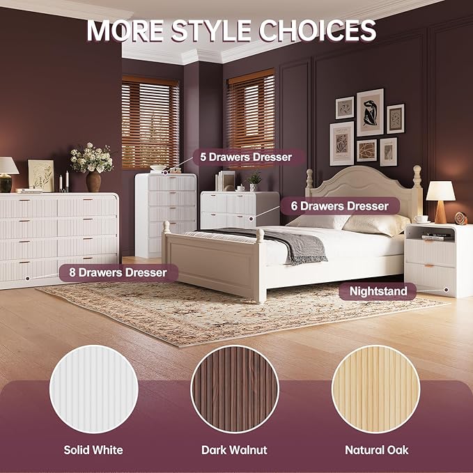 FURSUN Fluted 5 Drawers Dresser for Bedroom, 48" Tall Wooden Modern Dresser with Metal Handle, Curved Profile Design, Storage Organizer for Bedroom, Hallway (White)