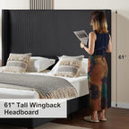 HOWE Queen Size 61" Corduroy Upholstered Bed Frame, Platform Bed with Vertical Stripe Wingback Headboard, No Box Spring Needed/Noise Free/Solid Wood Slats/Black