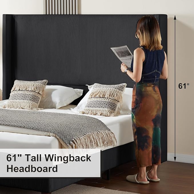 HOWE Queen Size 61" Corduroy Upholstered Bed Frame, Platform Bed with Vertical Stripe Wingback Headboard, No Box Spring Needed/Noise Free/Solid Wood Slats/Black