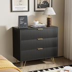 Black Dresser for Bedroom, Fluted Modern Dresser with Gold Pulls and 3 Drawers, 15.7" D x 31.5" W x 29.5" H