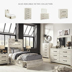 Signature Design by Ashley Cambeck Farmhouse Twin Panel Platform Bed with 4 Storage Drawers, Cubbies, Sconce Light and USB Ports, Foundation or Box Spring Not Needed, Whitewash