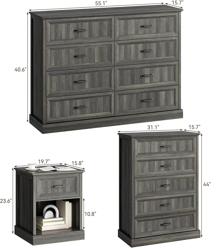 CARPETNAL Farmhouse Dresser and Nightstand Sets for Bedroom, 4 Pcs Bedroom Set, 5 Drawer & 8 Drawer Dresser and Nightstand Set of 2, Wood Chest of Drawers for Living Room, Entryway, Grey