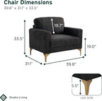 Studio Living® Matthew 39.8" Arm Chair, Mid-Century Modern, Pocket Coil Comfort, Metal Brushed Bronze Legs, Chenille Fabric, Black