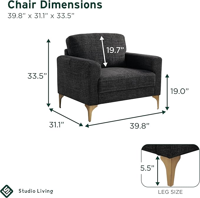Studio Living® Matthew 39.8" Arm Chair, Mid-Century Modern, Pocket Coil Comfort, Metal Brushed Bronze Legs, Chenille Fabric, Black