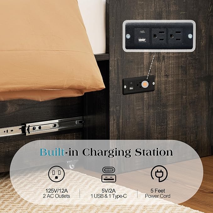 Full Murphy Bed with Storage and Charging Station, Farmhouse Cabinet Bed, Noise-Free, for Guest Room, Apartment, or Office, Black Oak