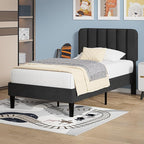 VECELO Twin Size Bed Frame with Upholstered Headboard, Velvet Platform Bedframe Mattress Foundation, Strong Wood Slat Support, No Box Spring Needed,Black