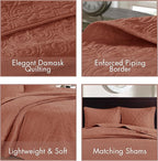 Madison Park Bedspread Set Reversible Damask Quilted Oversized Coverlet, Cotton-Filled Quilts Oversized, All Season, Lofty & Warm Bedspread, Quebec, Clay Red 3 Piece
