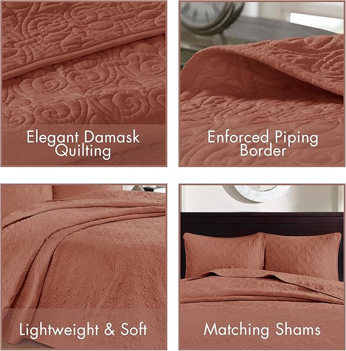 Madison Park Bedspread Set Reversible Damask Quilted Oversized Coverlet, Cotton-Filled Quilts Oversized, All Season, Lofty & Warm Bedspread, Quebec, Clay Red 3 Piece