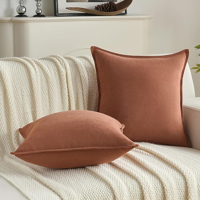 FUTEI Rust Chenille Throw Pillow Covers 22x22 Inch Set of 2,Edges Double-Stitched Cushion Cases,Modern Home Decor for Couch Living Room