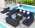 NICESOUL 13 Piece Outside Furniture with Firepit, Extra Large Outdoor Sofa Set with Lounges, Oversized Wicker Patio Sets with Long Fire Pits and Double Chaise, Big 10-Persons Seating Group, Gray&Navy