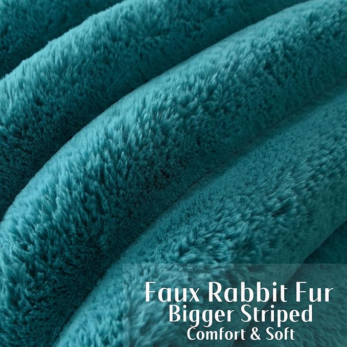 FUTEI Teal Decorative Throw Pillow Covers 26x26 Inch Set of 2, Square Soft Faux Rabbit Fur Thick Striped Euro Pillow Shams,Winter Home Decor for Couch Bed Living Room
