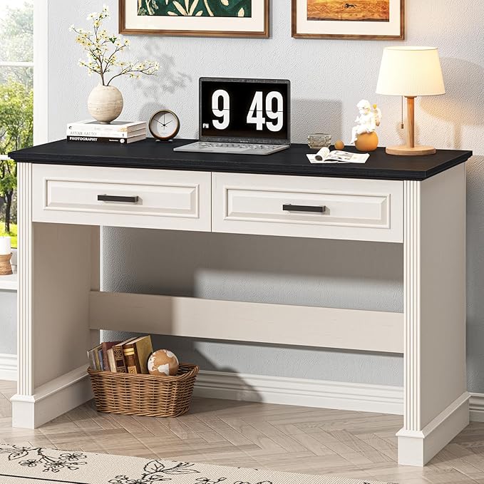 Farmhouse Executive Desk 48 Inch Computer Desk with 2 Drawers Simple Home Office Writing Desk Workstation for Bedroom Study Small Spaces, White and Black
