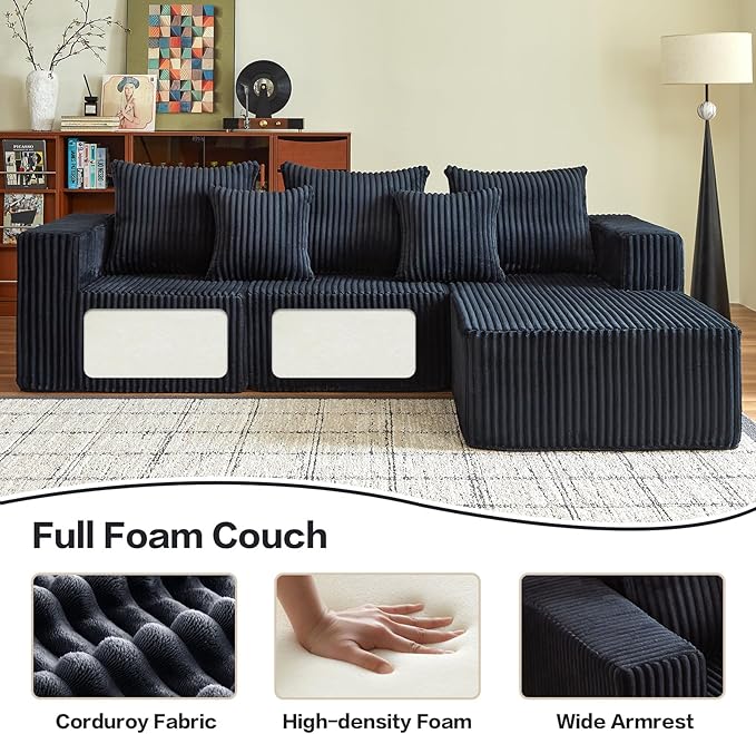 101" Boneless Couches for Living Room, Cloud Couch Sectional with Oversized Chaise, Modular Sectional Sofa Memory Foam Couch in a Box, Fluffy Corduroy Sofa for Living Room (Black)