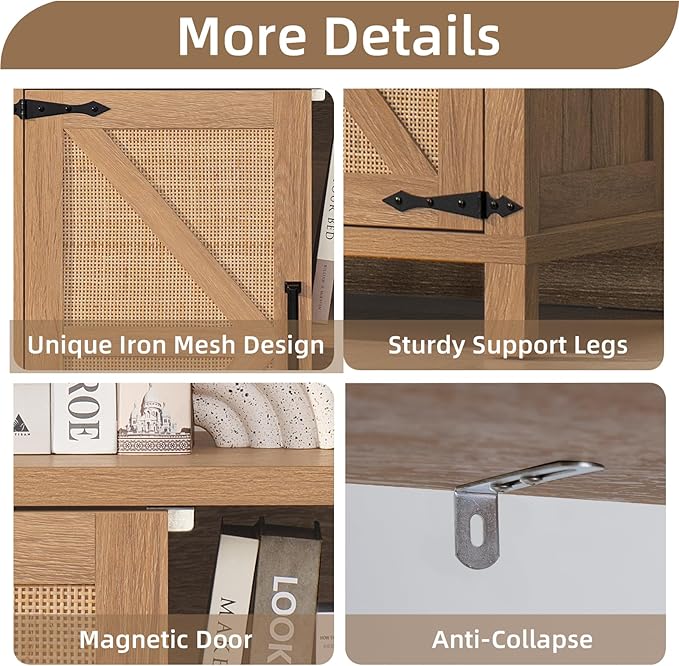 5 Tier Bookshelf 70" Rattan Boho Tall Bookcase with Barn Doors,Large Farmhouse Display Book Shelf with Adjustable Shelves and Storage Cabinet，Wood Bookshelves for Living Room,Kitchen,Natural