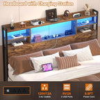 Aheaplus Headboard for Queen Size Bed with Storage, Headboards with LED Light, Power Outlets, USB Ports Queen Size Head Board, Wood headboard Only Sturdy and Stable Headboards, Modern, Rustic Brown