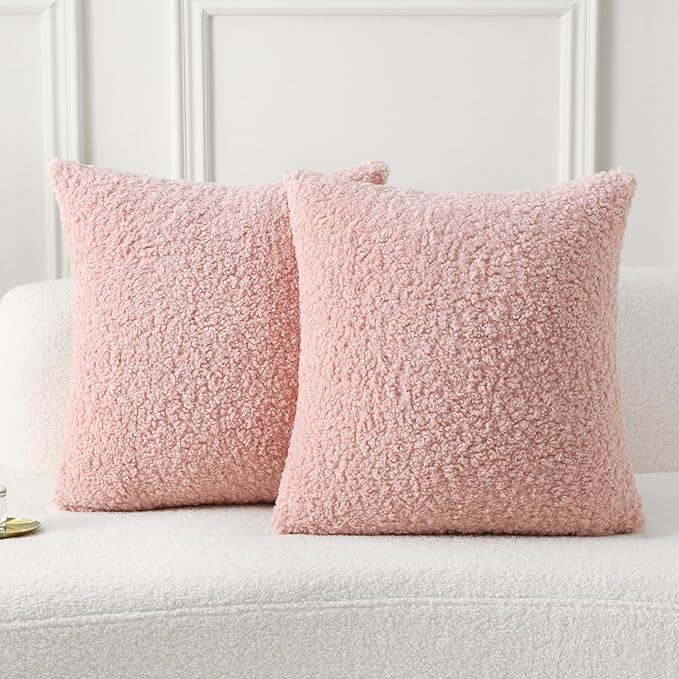 FUTEI Pink Throw Pillow Covers 22x22 Inch Set of 2,Furry Faux Fur Teddy Boucle Textured Cushion Covers,Soft Fluffy Decorative Pillow Case,Home Decor for Couch Bed Living Room Office Car
