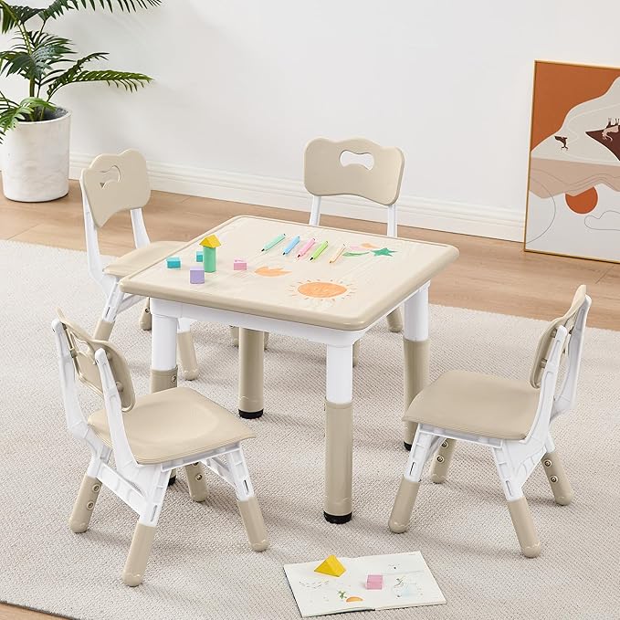 Adjustable Kids Table Chairs Set – Graffiti Desktop, Multi-Activity Height-Adjustable Toddler Study Desk for Ages 3-8 – Ideal for Home, Classroom, Daycare (W-Wood, 4 Chairs-23.6" L x 23.6" W)
