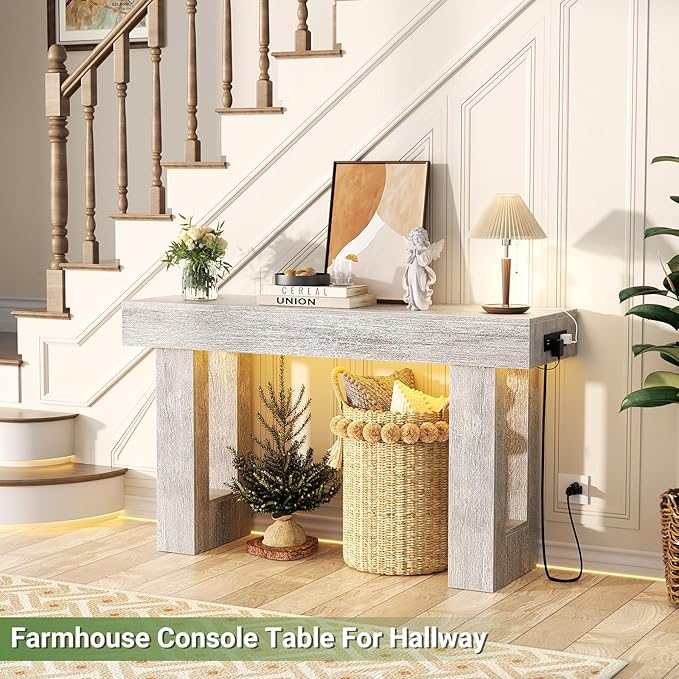 Unikito 47" Entryway Table with Socket and Sensor Light, Narrow Console Table with Storage Behind Couch, Farmhouse Entry Way Tables with Open Storage for Entrance/Hallway/Living Room, White Oak