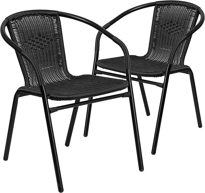EMMA + OLIVER Set of 2 Modern Rattan Indoor/Outdoor Stack Chairs, Stacking Rattan Patio Chairs with Curved Back and Cross Bracing, Black