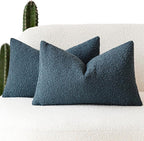 Foindtower Pack of 2 Modern Textured Boucle Throw Pillow Covers Accent Solid Decorative Lumbar Pillow Cases Cozy Couch Cushion Case for Chair Sofa Bedroom Living Room Home Decor, 12 x 20 Inch,Blue