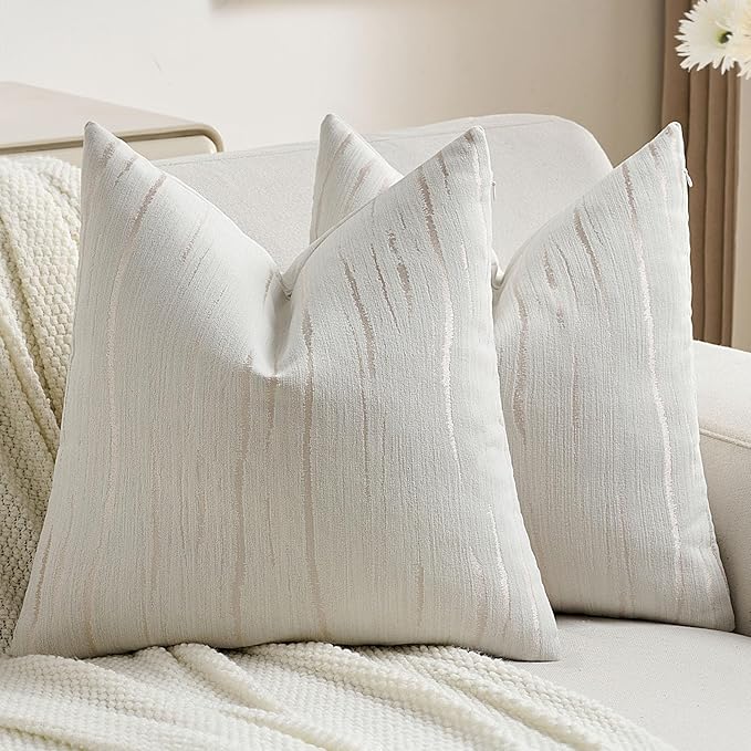 FUTEI Cream Chenille Decorative Throw Pillow Covers 18x18 Inch Set of 2,Soft Embossed Striped Textured Cushion Case,Modern Home Decor for Couch Bed Living Room