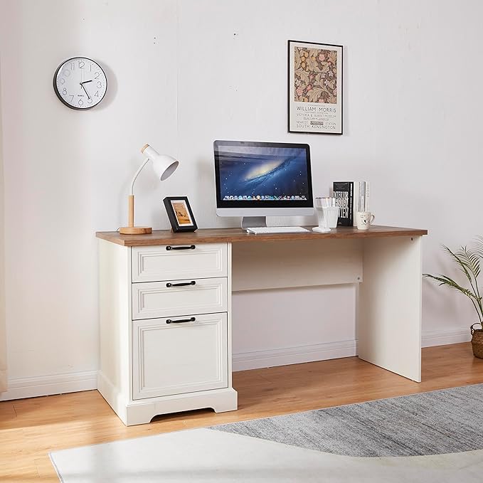 60" Farmhouse Executive Desk with Charging Station,Home Office Desk with 2 Drawers &1 File Cabinet,Fluted Computer Desk for Office and Home (White)