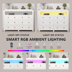 Dresser for Bedroom with 6 Drawers, Wide Chest of Drawers with LED Light and Power Outlet, Wooden Closet Organizer Clothes Storage Cabinet, Modern Double Dressers for Living Room, Hallway, White