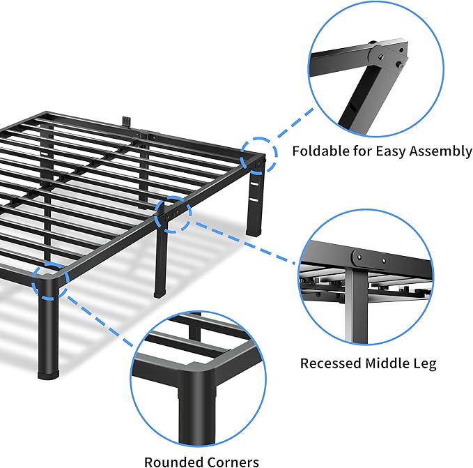 14 Inch Twin Size Bed Frame, 3500Lbs Heavy Duty Metal Platform with Round Corner Legs Mattress Slide Stopper, Steel Slat Support No Box Spring Needed, Noise Free, Non-Slip, Easy Assembly