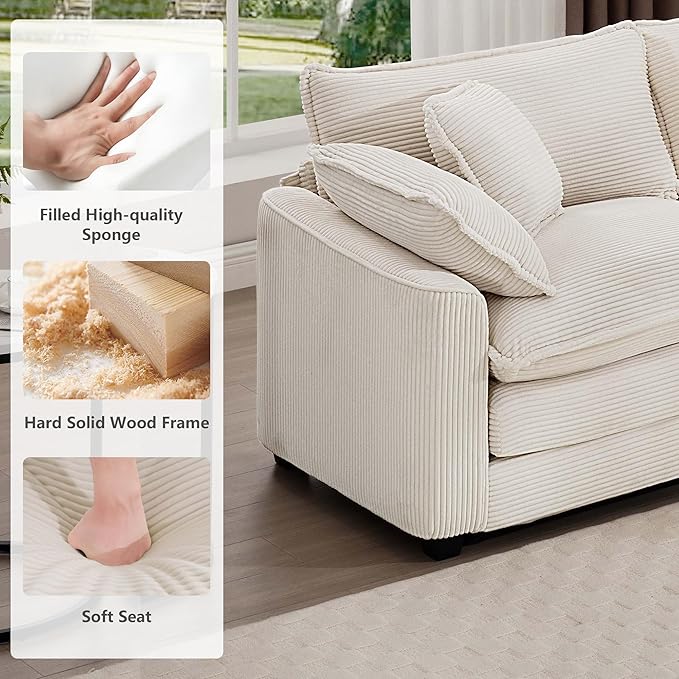 mikibama Luxury 3 Piece Sofa Set, 3-Seater & 2 Single Sofa Set, Modern Corduroy Comfy Cloud Couches Set for Living Room Office with 2 Armrest Pillows and 5 Toss Pillows, Beige