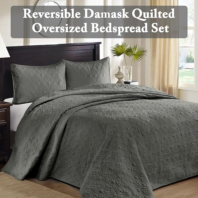 Madison Park Quebec Reversible Quilt Set Damask Design, Double Sided Stitching All Season, Lightweight Bedspread Bedding Set, Matching Sham, Dark Grey, Full(96"x110") 3 Piece