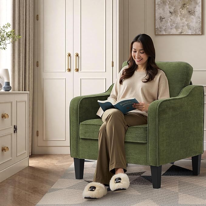 Accent Chairs Set of 2, Upholstered Living Room Chair with Side Pockets, Mid Century Modern Reading Chair for Bedroom, Comfy Armchair Single Sofa Side Chair for Office, Small Room, Olive Green