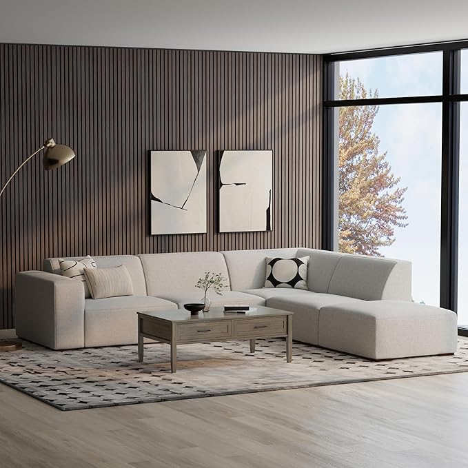 SIMPLIHOME Rex Right Corner Sectional Modular Sofa and Ottoman Set in 100% Recycled Polyester Tightly Woven Performance Fabric, Pale Grey, 116-inch-wide L-Shaped Sofa and 34-inch-Wide Ottoman