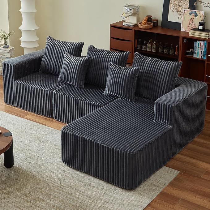 102" L-Shaped Couch for Living Room,Modular Sectional Cloud Couch with Ottoman,Boneless Sofa in A Box,Upholstered Couches for Bedroom,Beige Sofa with Oversized Chaise