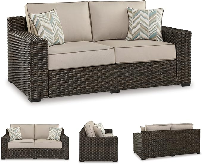 Signature Design by Ashley Coastline Bay Casual Weather Resistant Outdoor Loveseat with Cushion and 2 Throw Pillows, Nuvella Weather Resistant Fabric, Beige & Dark Brown