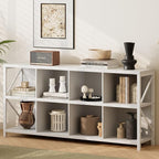 8 Cube Storage Organizer Bookshelf, Industrial Horizontal Bookcase, Accent Cubby Shelf, Media Console Table for Living Room, Home Office, 13.6" D x 63" W x 30.9" H, White