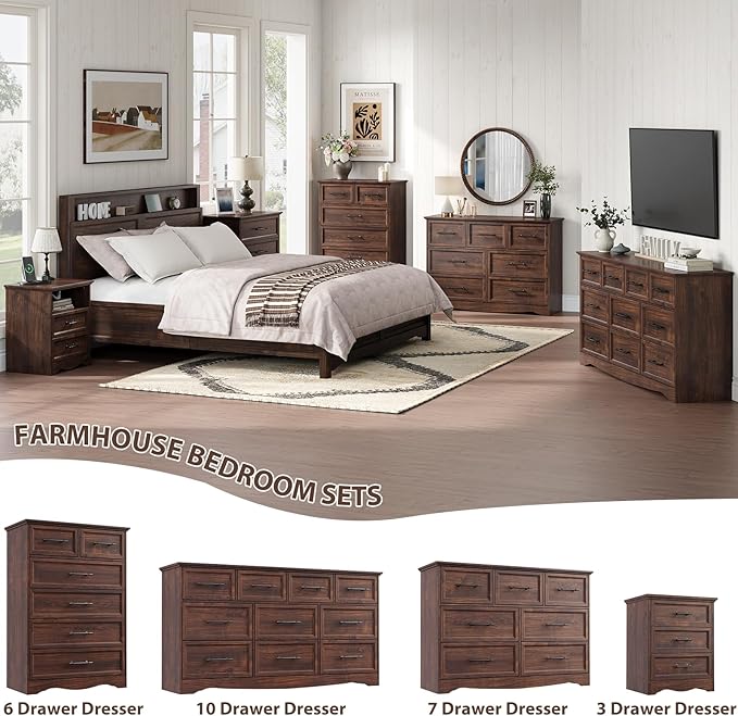 Walnut Farmhouse Dresser for Bedroom, Modern 7 Chest of Drawers, 47" Wide Chest of Drawers with Metal Handle, Wood Dresser TV Stand and Storage Cabinet for Bedroom, Living Room