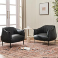 KINWELL 33" W Faux Leather Barrel Chairs Set of 2 with Hand-Tufted Pleated Back Flared Arms, Modern PU Upholstered Accent Chairs with Metal Legs, Large Armchairs Lounge Chairs for Living Room, Black