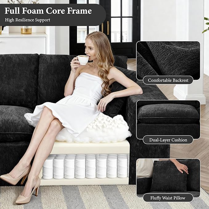 108" Sectional Couches for Living Room Boneless Couch Upholstered Cloud Couch Sectional Modular Sectional Sofa with L Shaped (Chenille-Black, 3 Seat+2 Ottoman)