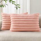 Pallene Faux Fur Plush Lumbar Throw Pillow Covers 12x20 Set of 2, Luxury Soft Fluffy Striped Decorative Pillow Covers for Sofa, Couch, Living Room, Pink