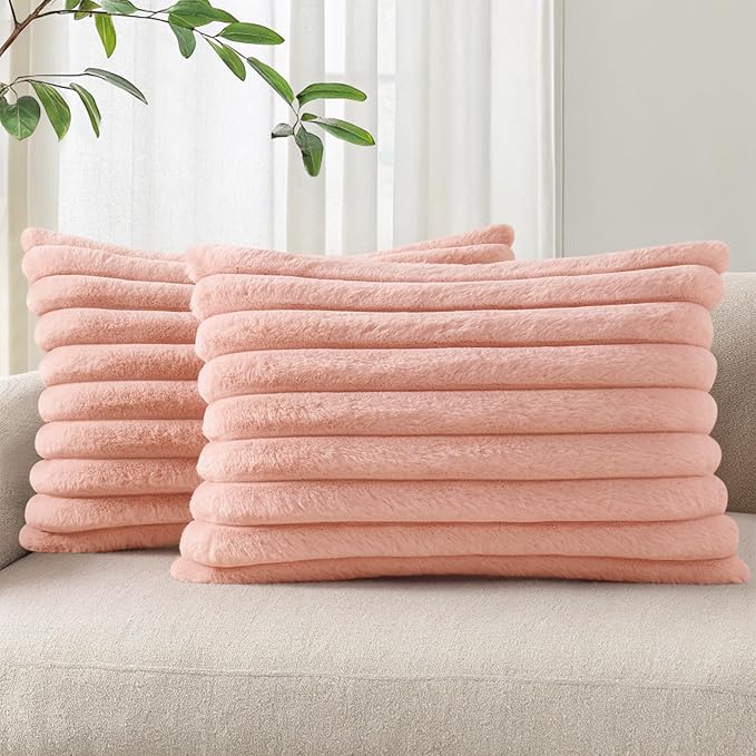 Pallene Faux Fur Plush Lumbar Throw Pillow Covers 12x20 Set of 2, Luxury Soft Fluffy Striped Decorative Pillow Covers for Sofa, Couch, Living Room, Pink