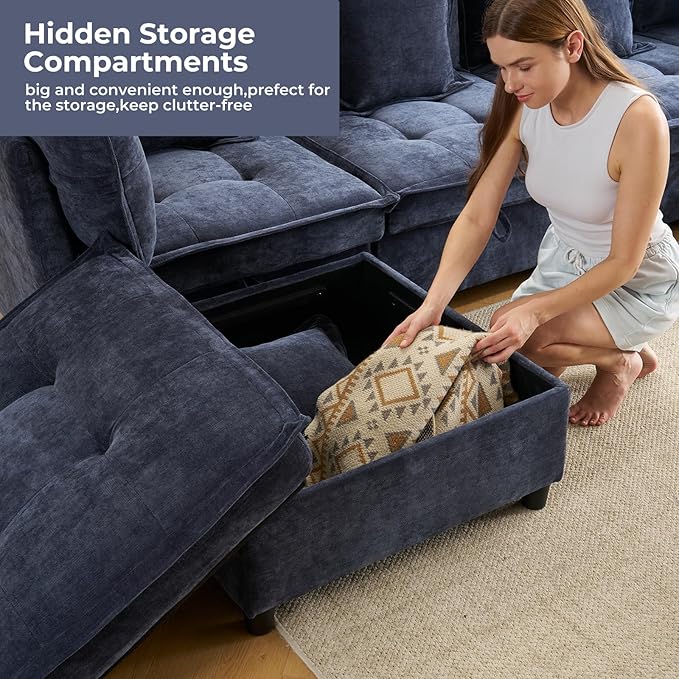 103" Modular Sectional Sofa, L-Shaped Corduroy Comfy Sectional Couches for Living Room, 3-Seater Cloud Couches with 1 Ottoman, Modern Deep Seat Sofa with Large Storage, Blue