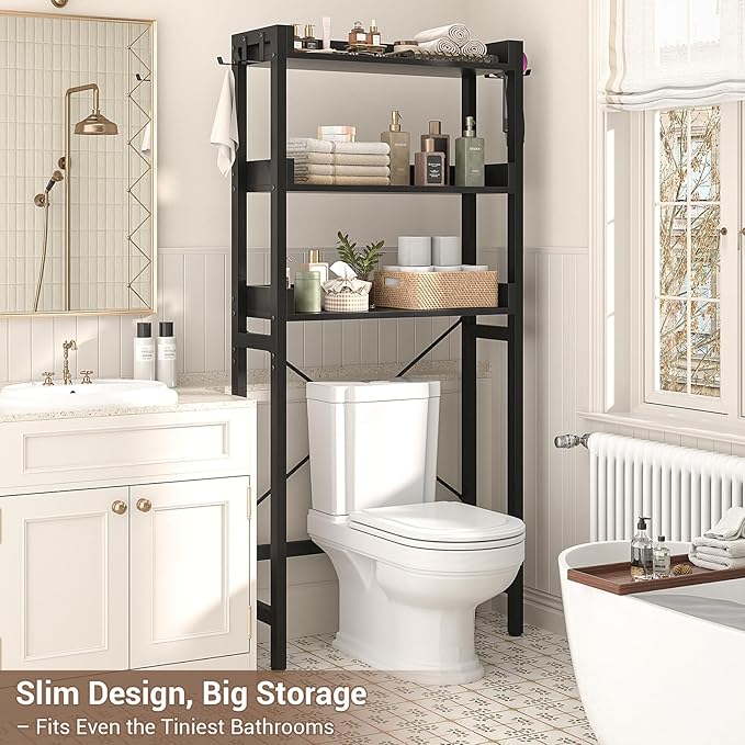 Over The Toilet Storage Rack - 3 Tier Bathroom Organizer with Shelves, Freestanding Space Saver Storage Rack Above Toilet Stand with 4 Hooks for Restroom, Laundry, Black