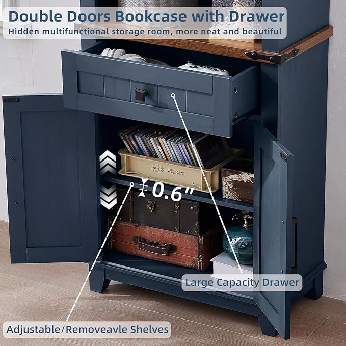 72in Tall Bookshelf 7 Tier Bookcase with Drawer and Barn Doors and Adjustable Shelves, Blue Farmhouse Book Shelf with Storage Cabinet, Wood Freestanding Display Bookshelves for Kitchen (2PCS)