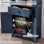 72in Tall Bookshelf 7 Tier Bookcase with Drawer and Barn Doors and Adjustable Shelves, Blue Farmhouse Book Shelf with Storage Cabinet, Wood Freestanding Display Bookshelves for Living Room