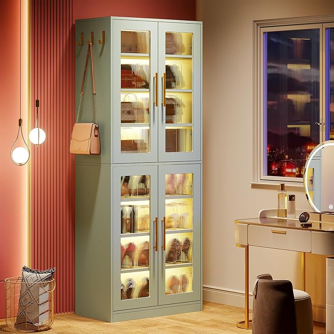 Tribesigns Tall Shoe Storage Cabinet with Acrylic Doors and LED Lights, 8-Tier Entryway Shoe Organizer Rack with Adjustable Shelves and Hanging Hooks for Narrow Closet, Hallway, Mint Green