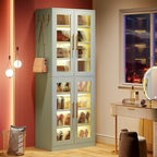 Tribesigns Tall Shoe Storage Cabinet with Acrylic Doors and LED Lights, 8-Tier Entryway Shoe Organizer Rack with Adjustable Shelves and Hanging Hooks for Narrow Closet, Hallway, Mint Green