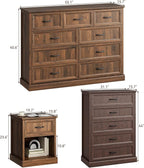 CARPETNAL Farmhouse Dresser and Nightstand Sets for Bedroom, 4 Pcs Bedroom Set, 5 Drawer & 9 Drawer Dresser and Nightstand Set of 2, Wood Chest of Drawers for Living Room, Entryway, Brown