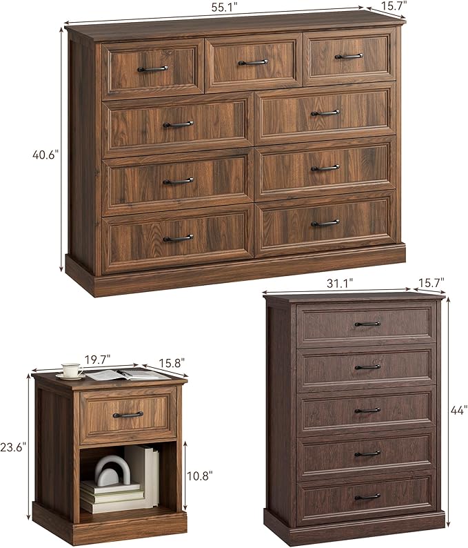 CARPETNAL Farmhouse Dresser and Nightstand Sets for Bedroom, 4 Pcs Bedroom Set, 5 Drawer & 9 Drawer Dresser and Nightstand Set of 2, Wood Chest of Drawers for Living Room, Entryway, Brown
